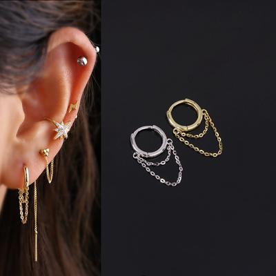 1Pc S925 Sterling Silver Hoop Earring Chain Tassels Huggie Cartilage Earring for Women Men Fashion Hip-hop Ear Piercing Jewelry