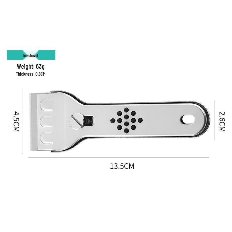 Eis- und Fleckenentferner-Schaber aus Edelstahl mit Ersatzklingen zur Reinigung von Kühlschrank und Kochfeld.