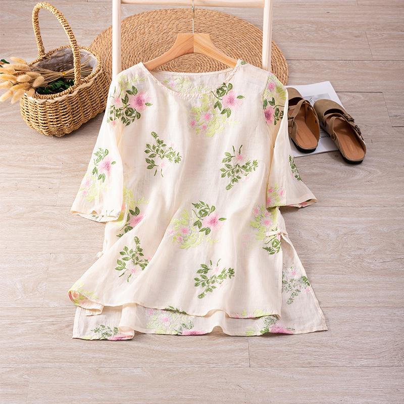 

Women s Plus Size Raw Silk Embroidered Tea Ceremony Top - Lightweight, Breathable, Summer Fairy-Style Design M абрикосовый