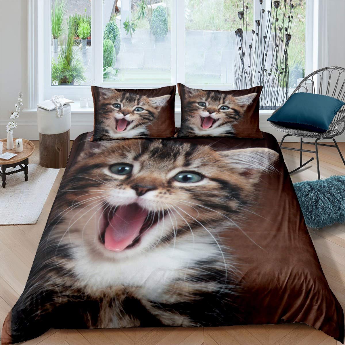 

Cute Cat Duvet Cover Set Queen Size Girls Kawaii Kitten Bedding Sets Blue Butterflies Comforter Cover Lovely Animal Quilt Cover EU Single(135*200cm)3pcs