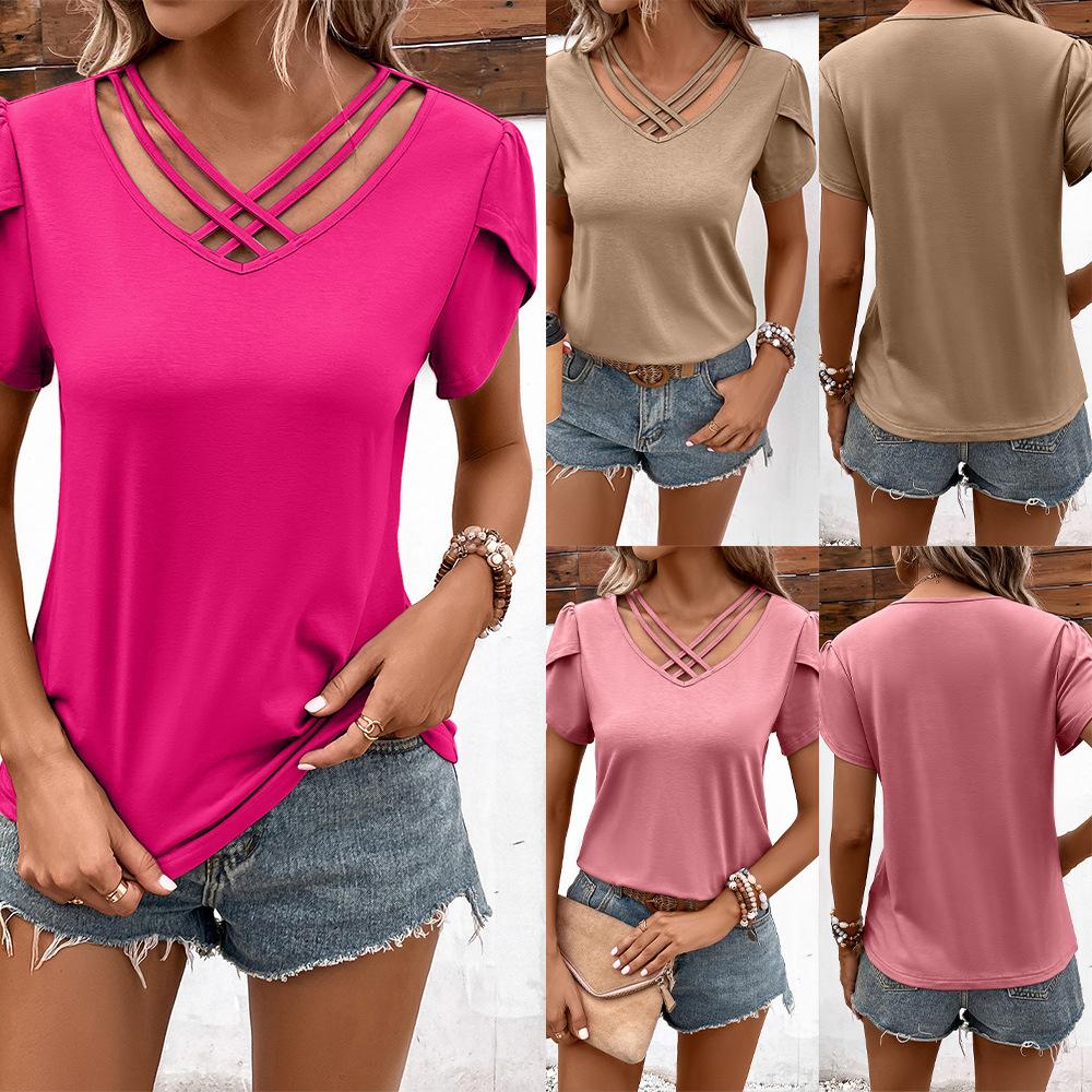 Women's T-shirt Summer Sexy Deep V-Neck Short Sleeve Top