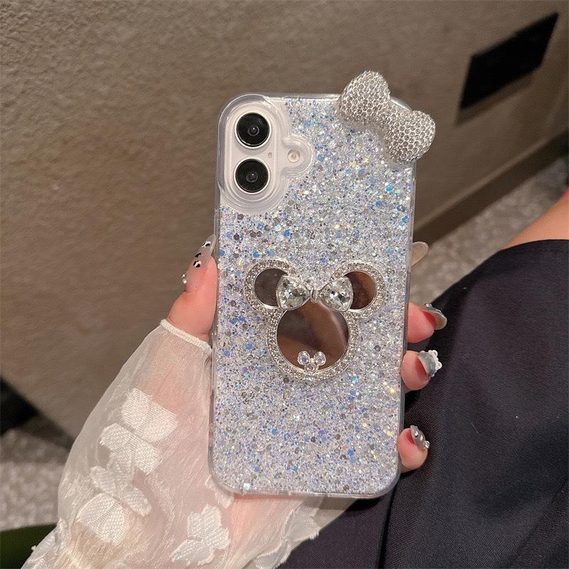 

Flash Diamond Mickey Mouse Makeup Mirror 15Promax For Iphone17 Sequins Phone Case 16Pro Bow iPhone 17Promax