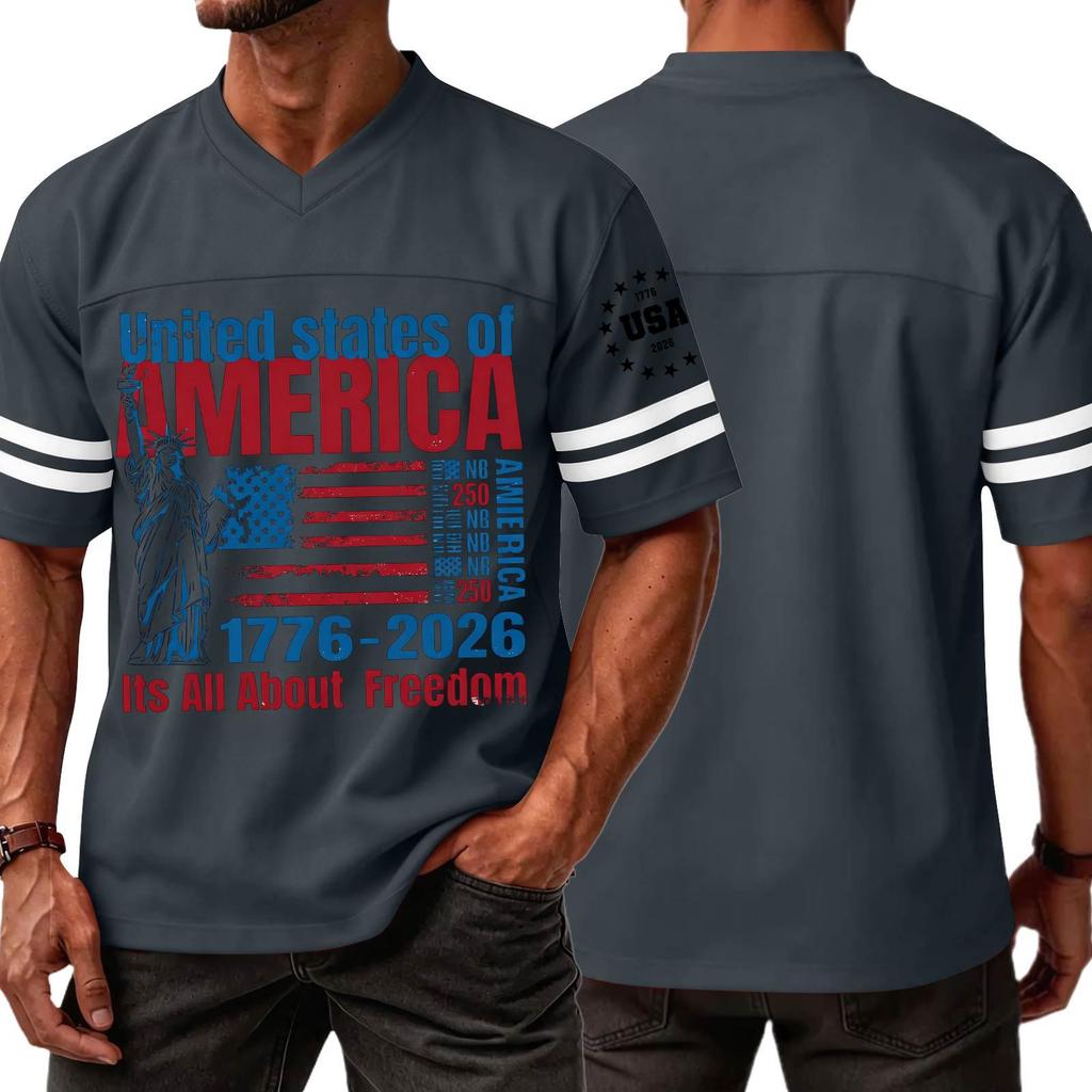 Mens V Neck Short Sleeve Sports T Shirt with States of America 1776 2026 Graphic and Statue of Print