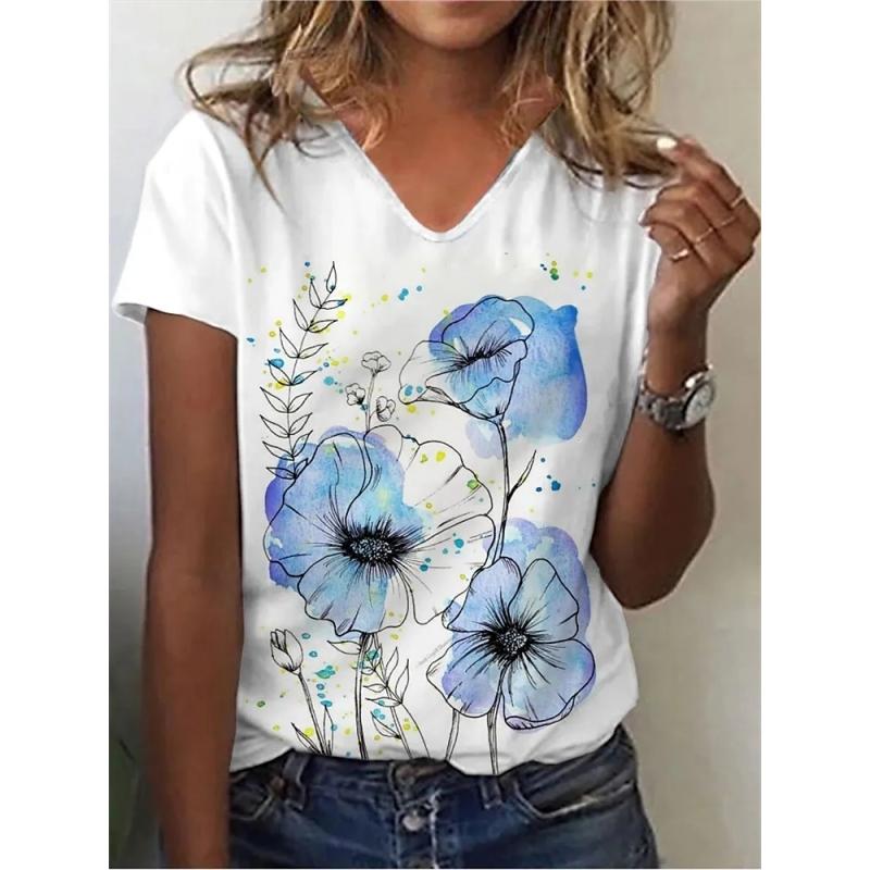 Women's summer V-neck loose short-sleeved white fashionable women's T-shirt 3D center flower small fresh top casual clothes