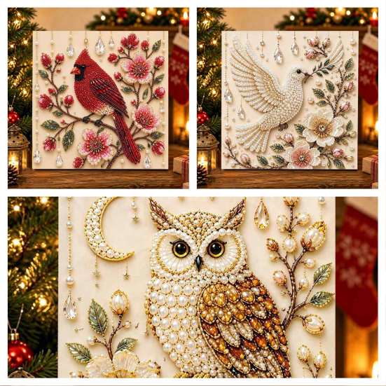 3D Flower And Bird Wall Decor Faux Pearl Painting Kit, Art DIY Relaxing Hobbies for Stress Relief Owl Red Craft Set Adults, Home Decorative Supplies