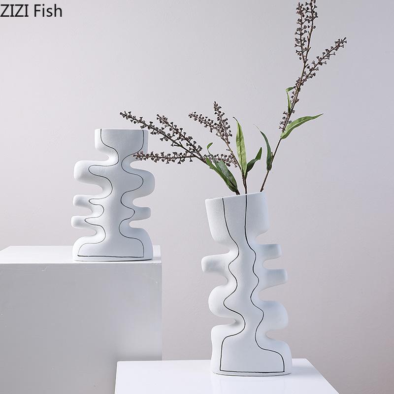 MinMinimalist Striped Design Ceramic Vase Plant Pots Table Decoration Ornaments Flower Arrangement Vase Room Aesthetic Decor