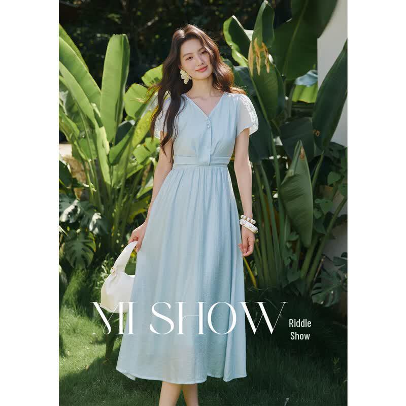 French Style Tencel Linen Textured A-Line Dress L