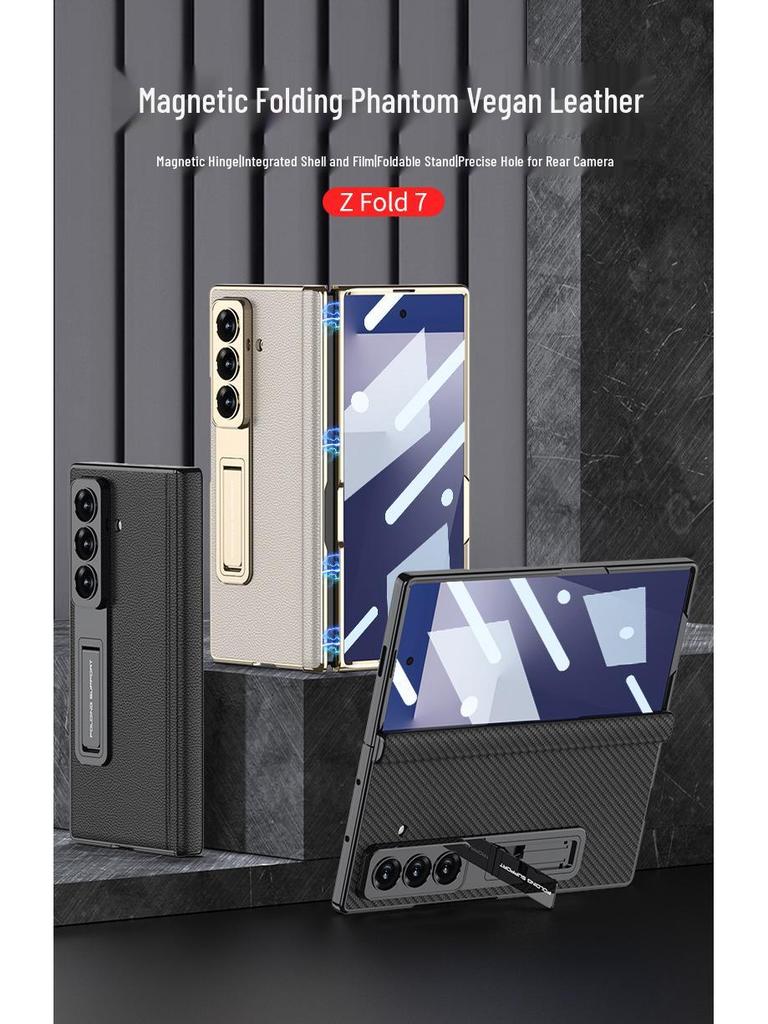 Samsung Z Fold7 Electroplated Leather Magnetic Case with Bracket - Anti-drop Protective Cover