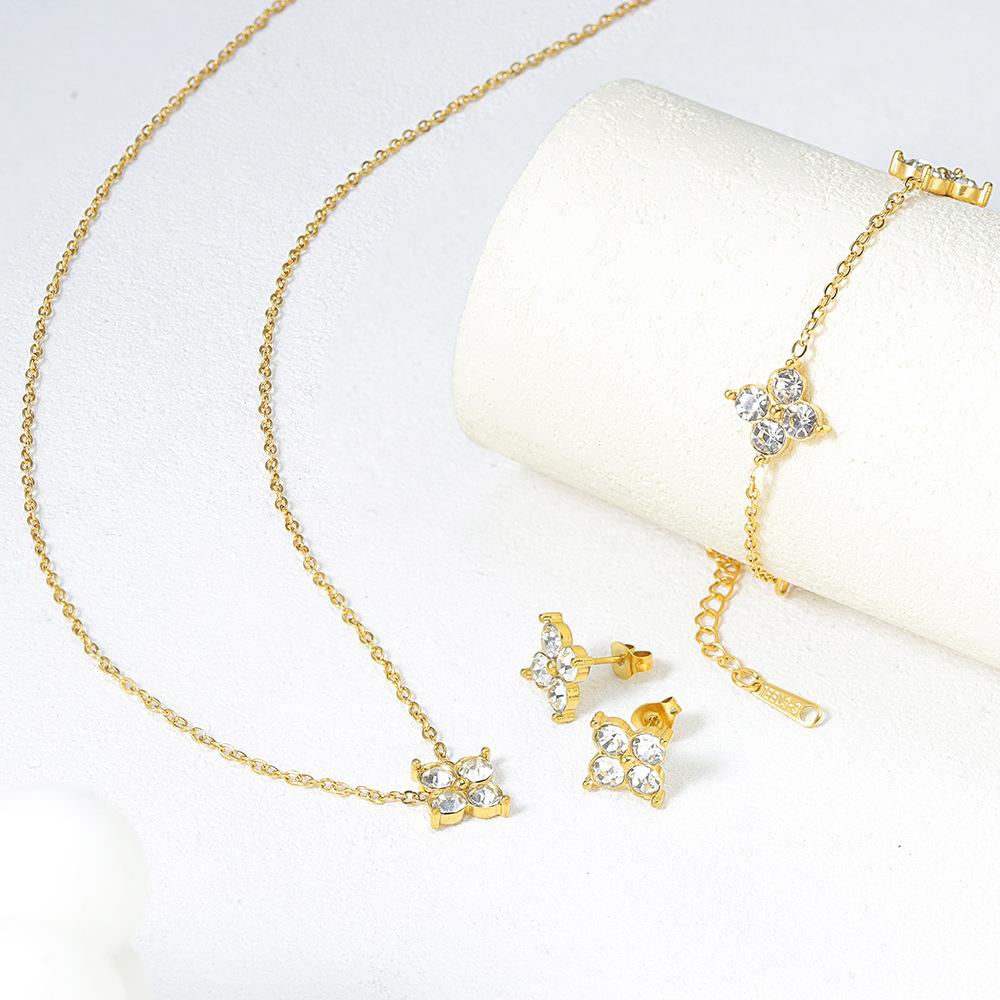Four-leaf Clover Bracelet Necklace and Earring Set for Women Colorfast Jewelry