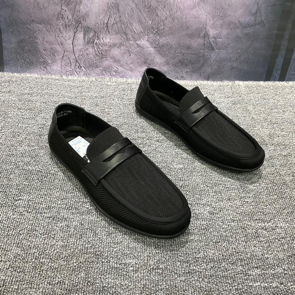 Spring and summer mesh fly-woven Doudou shoes breathable men's fashion trend short black casual leather shoes one-pedal cover