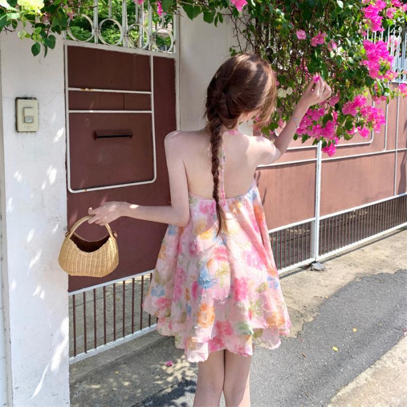 Coffee Break French Seaside Vacation Wind Floral Dress Women's Summer Loose and Thin Neck Backless Short Skirt