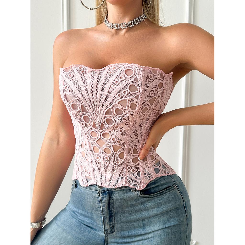 Corsetto da Corte in Rete Traspirante Corsetto Sexy Top Svuotato Pizzo Irregolare Doppio Strato Modellante Camicia a Canotta Chic