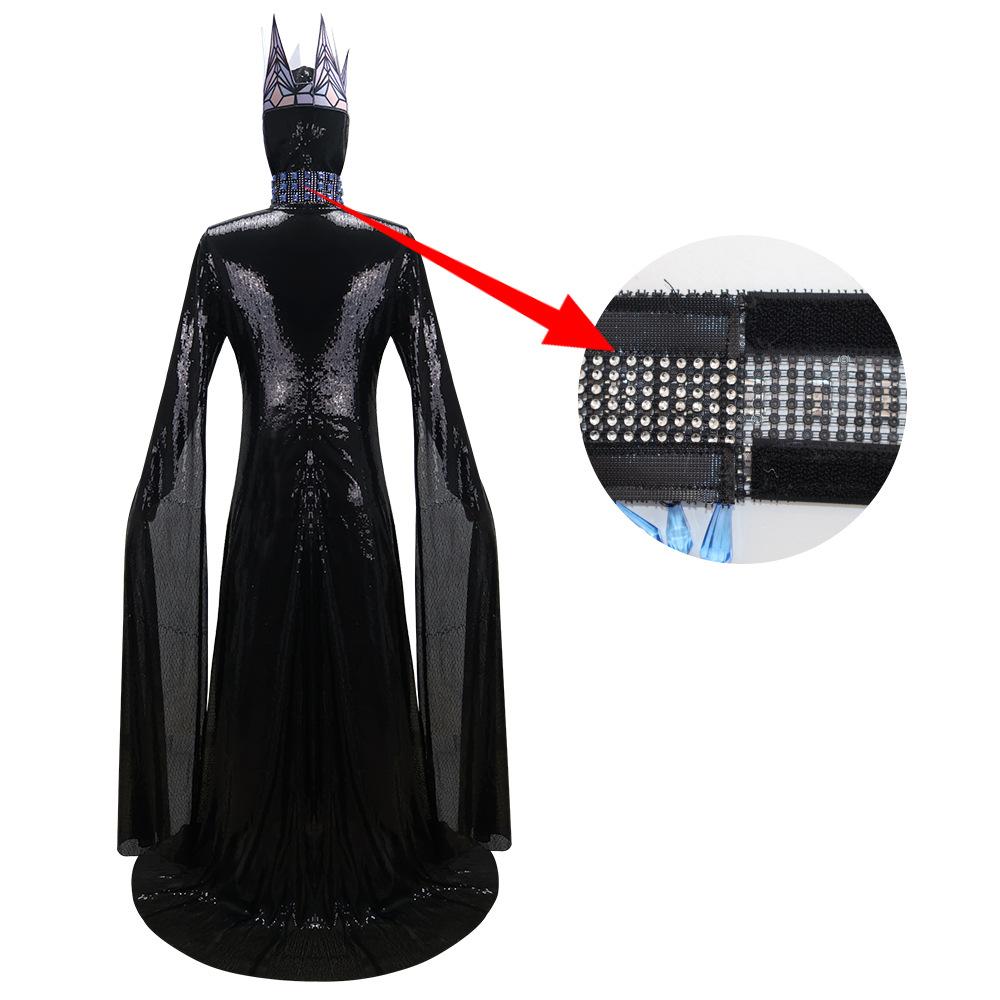 Fantasia Cosplay de Rainha Má de Anime Rainha da Neve Branco Má Cosplay Fantasia Preto Longo Vestido Coroa Fantasia de Festa de Halloween Ternos