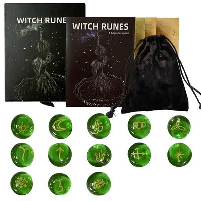 13Pcs Glass Runes Stone Irregular Divination Runes Stone with Instruction and Velvets Pouch Heal Gift Decoration