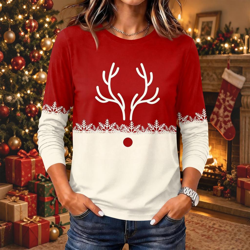 Women's Christmas Print Neck Long Sleeve Pullover Top