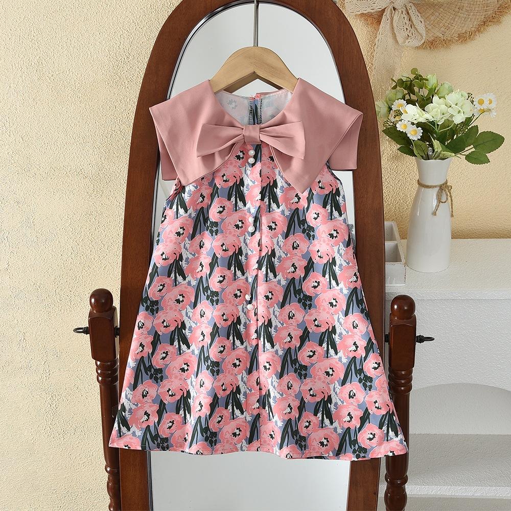 Girls Summer Sleeveless Dress With Collar And Bow Floral Print Sweet Princess Vest Dress For Kids 90cm розовый
