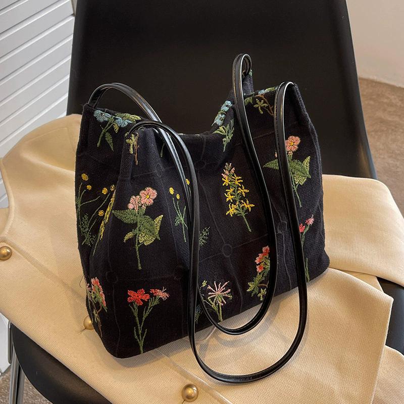 Women's Random Floral Embroidered Canvas Shoulder Bag Fashion Large Capacity Tote Bag for Shopping & Daily Use