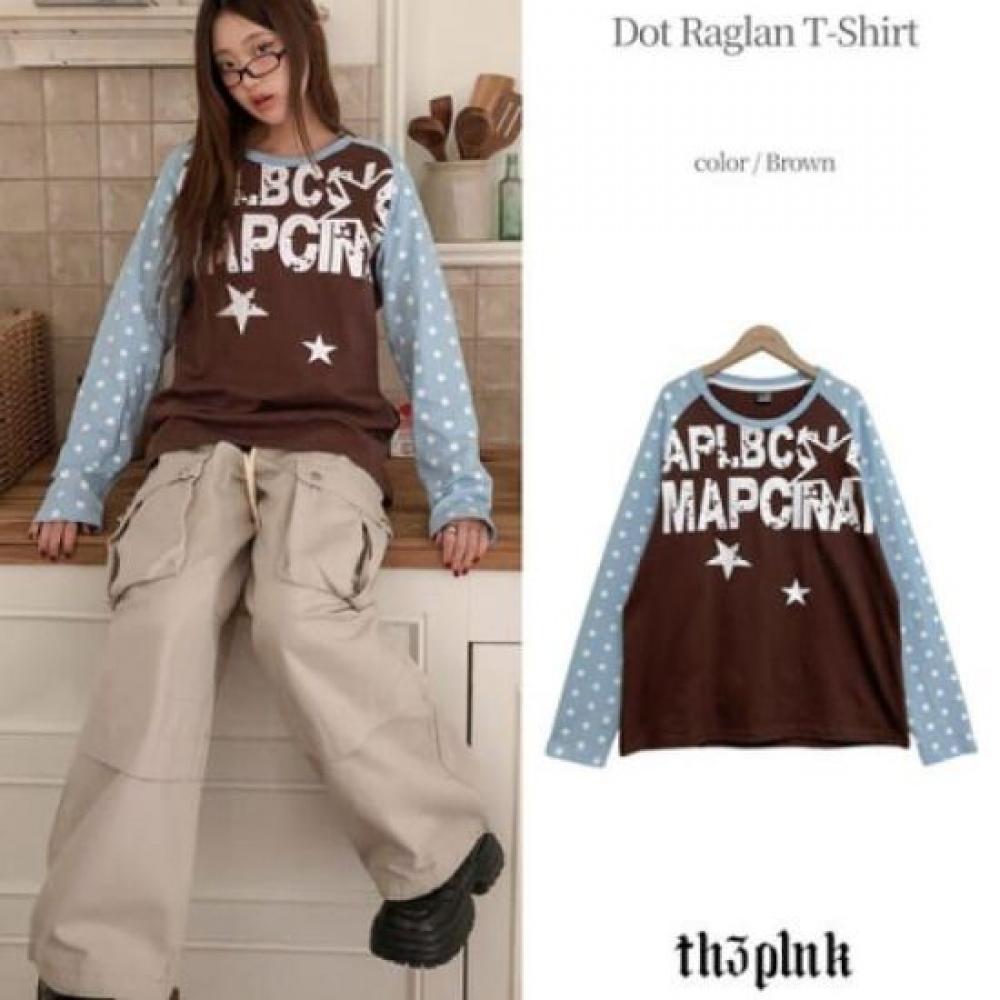 The Pink Women Loose FiT Color Block DoT Crack PrinT Long Sleeve T shirT Tn01