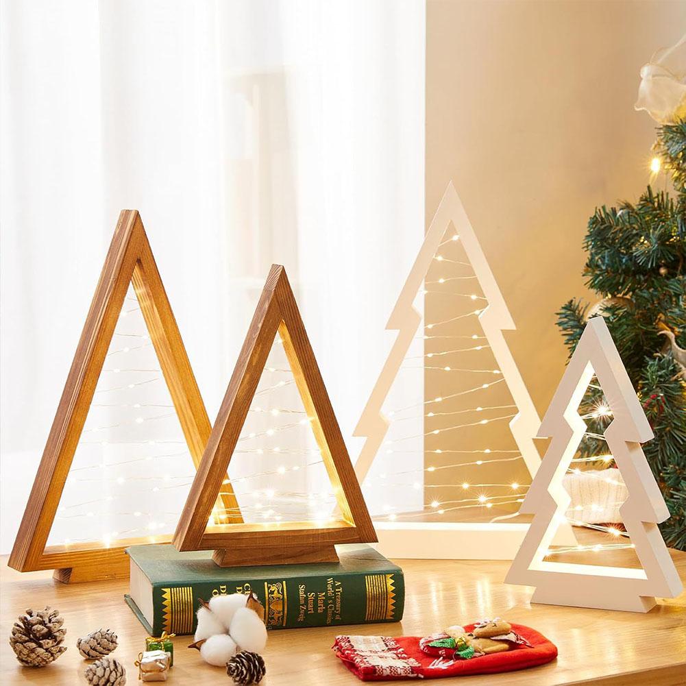 2 Stück Holz beleuchtete Weihnachtsbaum Dekoration Schmuck Kiefernholz Dreieckiger Streifen Lichterkette Heim Atmosphäre Dekoration