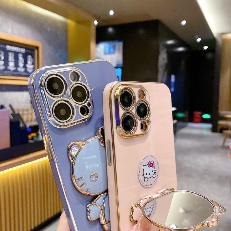 Applicable To Apple 17KT Cat Makeup Mirror Mobile Phone Case iPhone16Pro Bracket 15 Electroplating 14 Fashion Soft