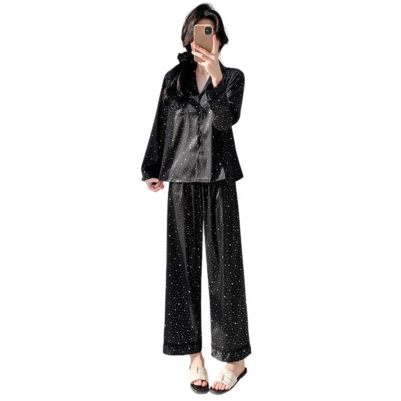 Breathable Starry Sky Printed Ice Silk Pajama Set Breathable Lapel Design Long Sleeve Pants Two-piece Set Temperament Homewear