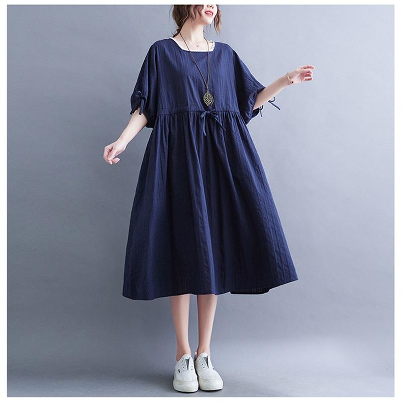 Long Dress Women Linen Large Size Loose Summer Solid Color Short-sleeved Dress Knee-length Thin Large Swing Dress