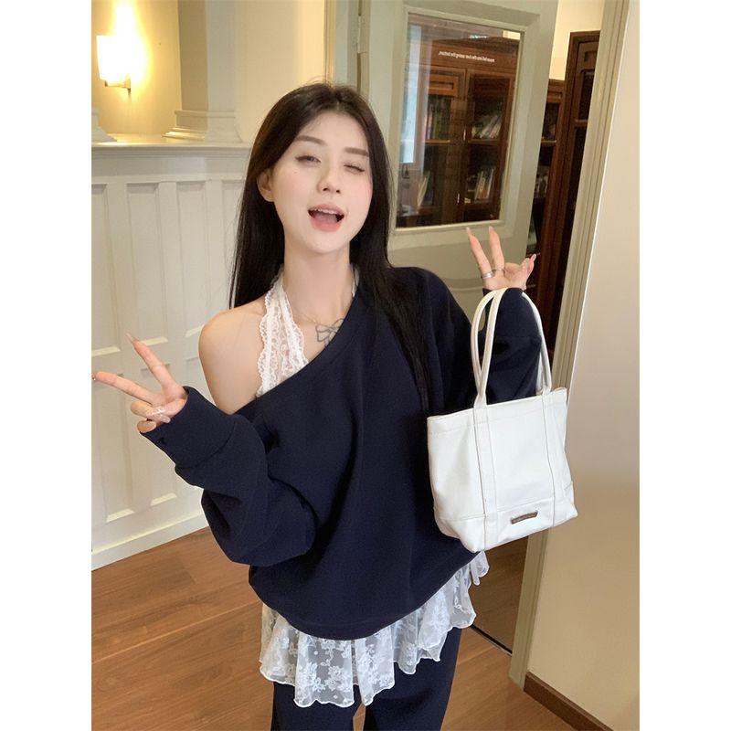 Fashion Casual Set Loose Oblique Shoulder Sweatshirt Women's Lace Small Tank Top Top Autumn High Waist Loose Pants Three-Piece Set