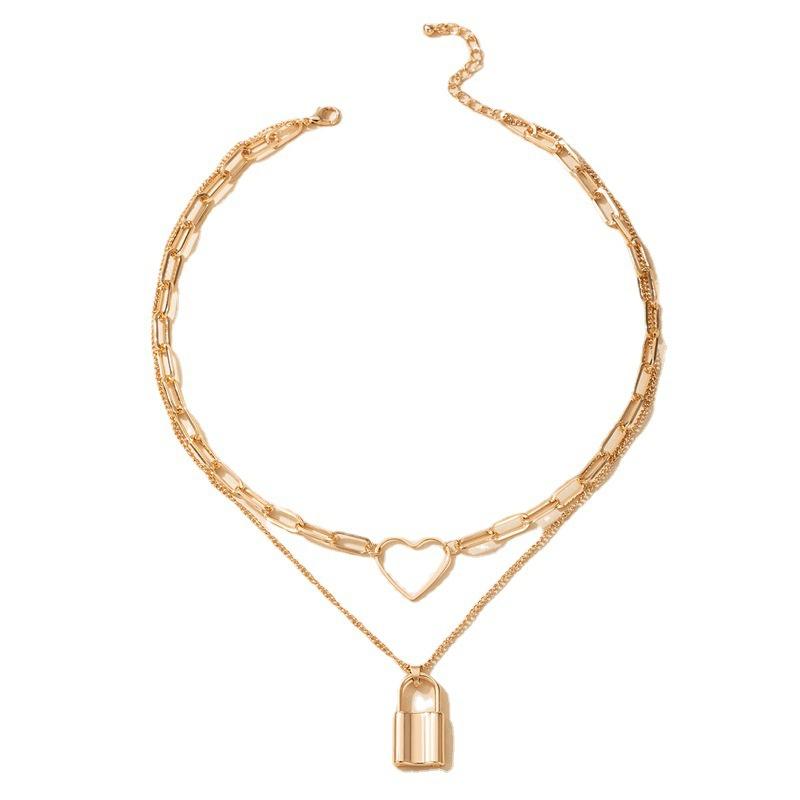 Hollow Heart Multilayer Geometry Thick Sweater Chain Fashion Jewelry Gift Chain Heart Trendy Lock Pendant Necklace for Women