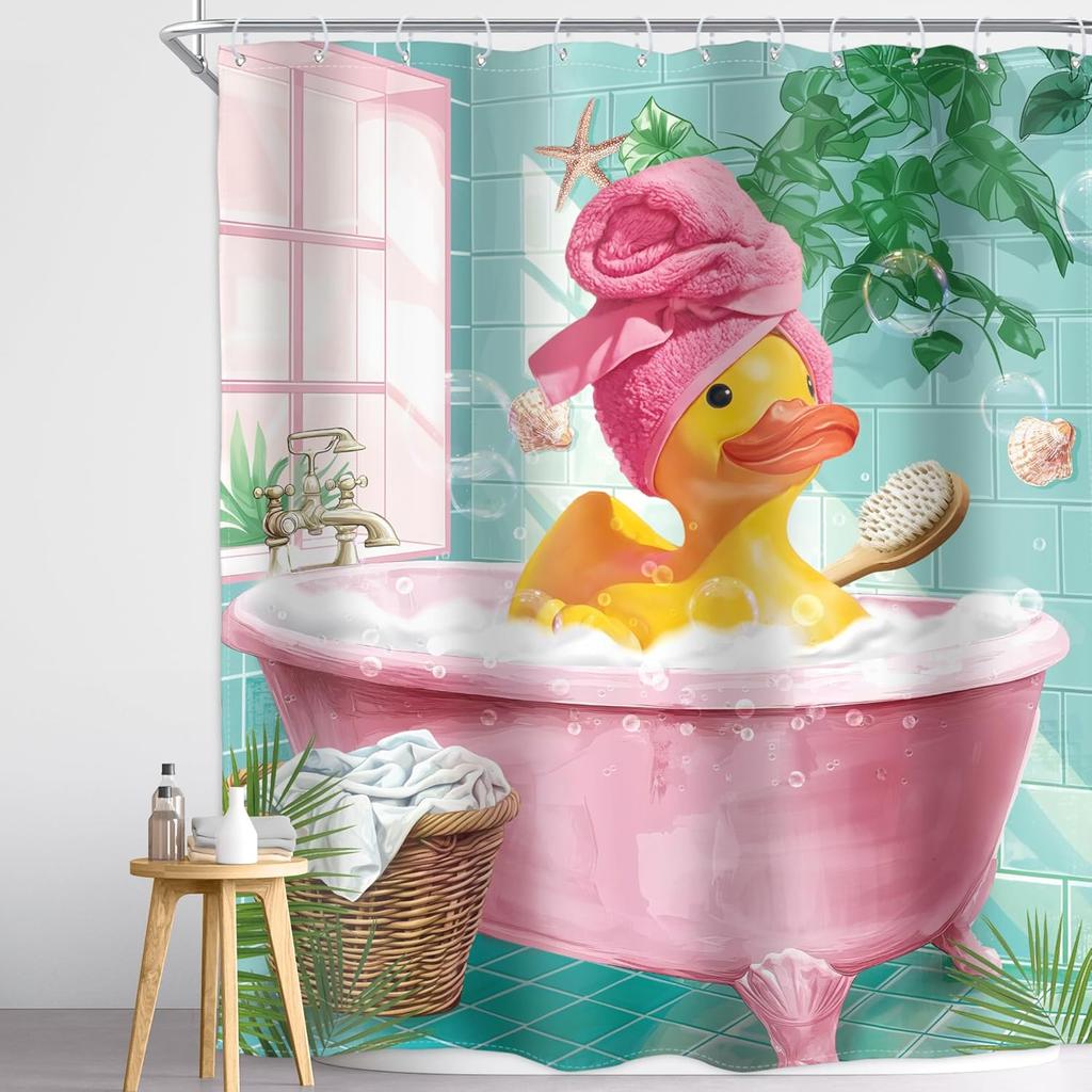 Funny Rubber Duck Shower Curtain Cute Yellow Pink Kids Animal in Bathtub Lovely Green Plants Botanical Brush for Teens Boys