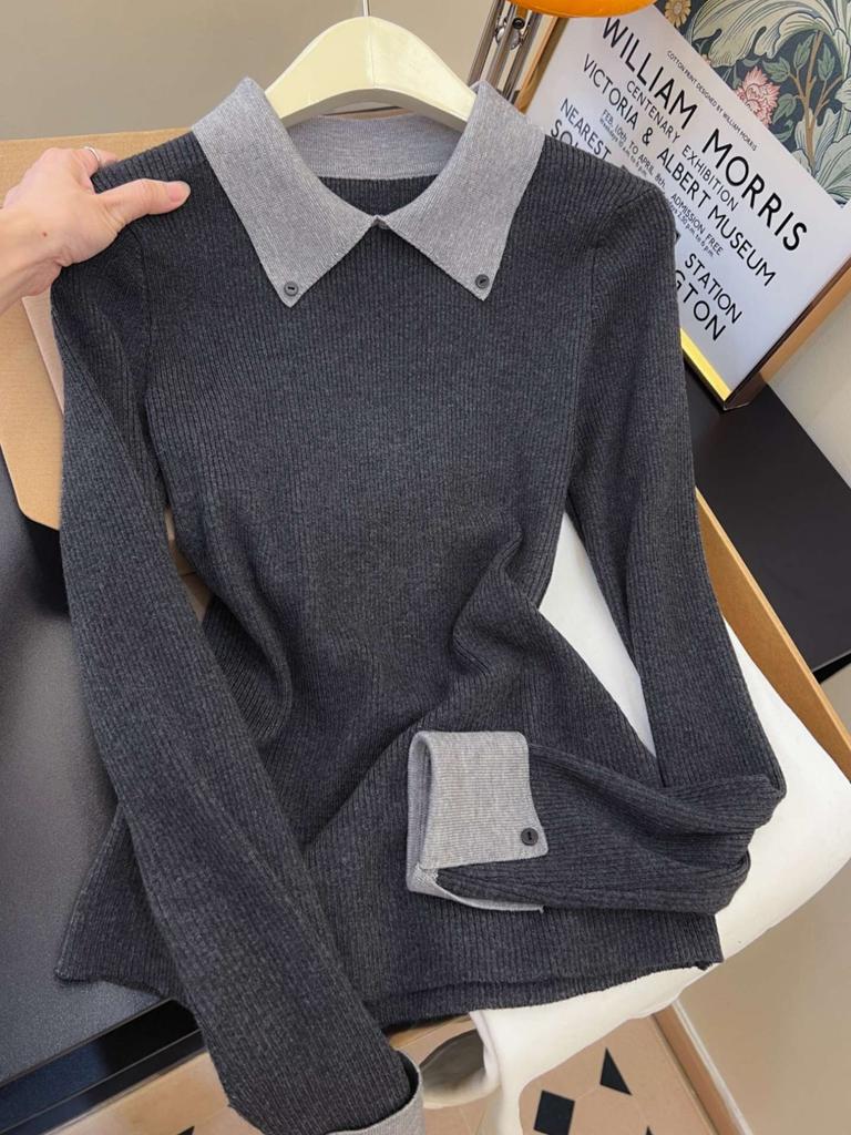 Maillard Coffee Lapel Bottom Top Women's Autumn and Winter Contrasting Olo Shirt Slim-fitting Versatile Commuter Knitted Sweater