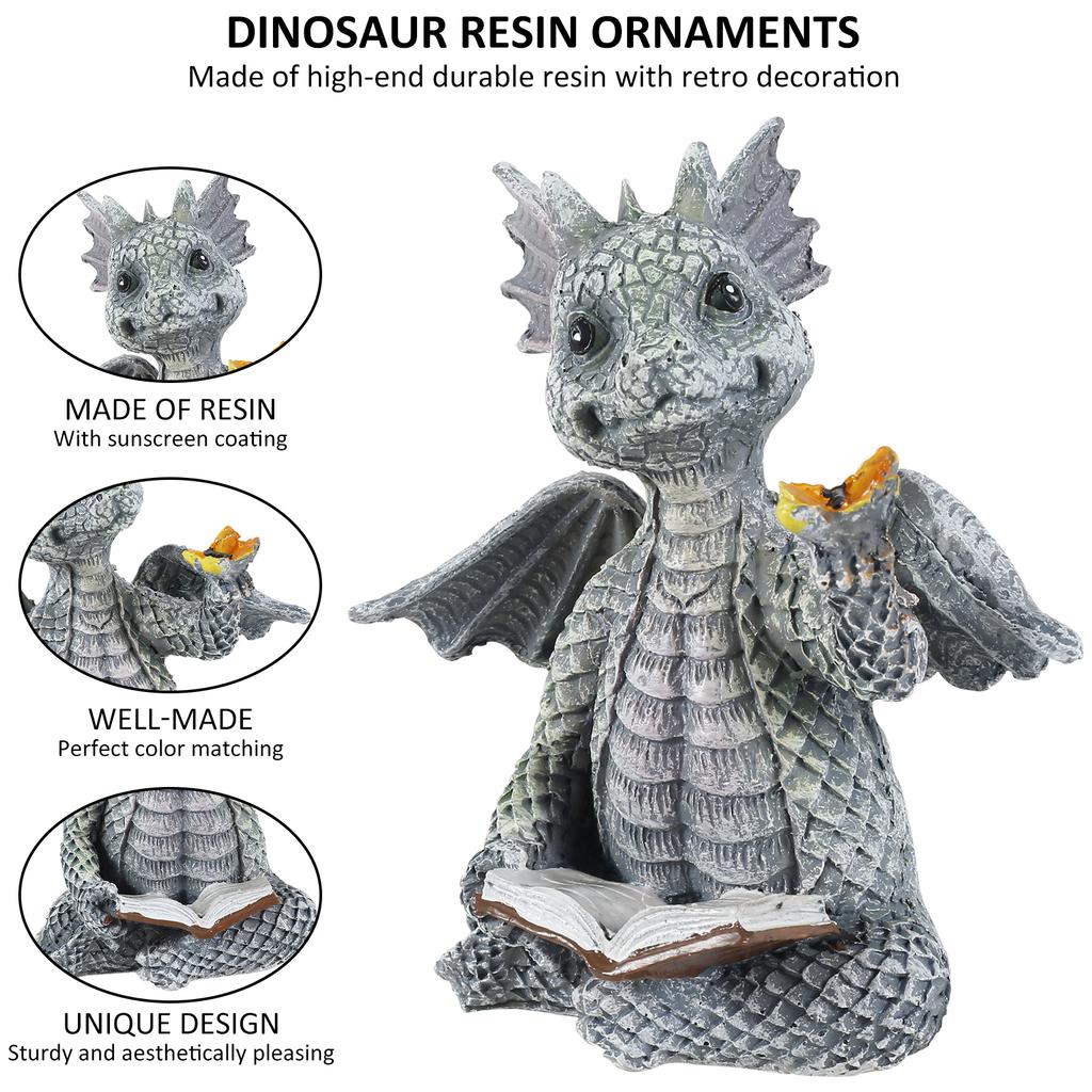Reading Book Little Dragon Sculpture Statues Resin Garden Dragon Cute Sculptures Art Ornament Gift for Lawn Patio Decor