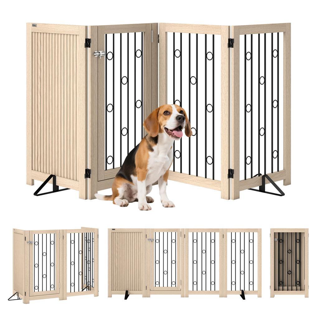 4 Panel Freestanding Pet Gate, Indoor Dog Barrier with Lockable Door, Support Feet, 360 Degrees Flexible Hinges, Oak