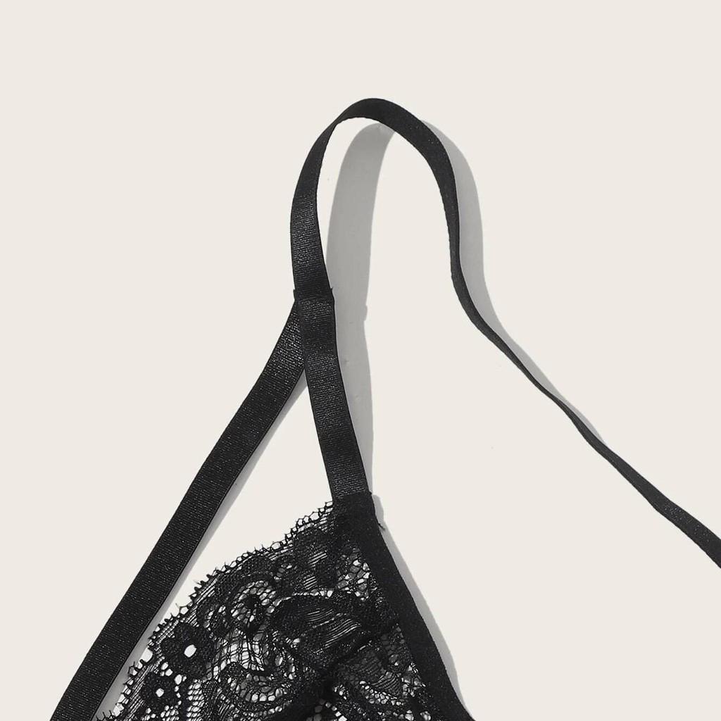 Nytt Kvinner Plus Size Blondeundertøy BH+Thong Undertøysett Svart natttøy