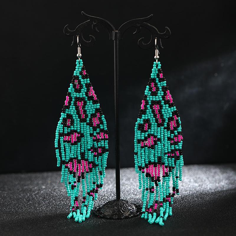 Popular Handmade Rice Beads Leopard Print Series Fringed Earrings Women's Personality Temperament Long Earrings Bohemian Tide