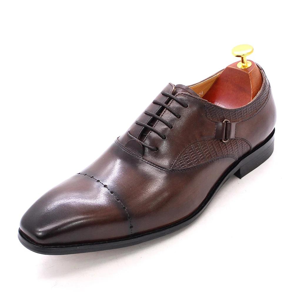FELIX CHU Men's Brown Genuine Leather Oxfords Dress Shoes Lace-Up Business Wedding Suit Shoes Big Size 13 Size 47