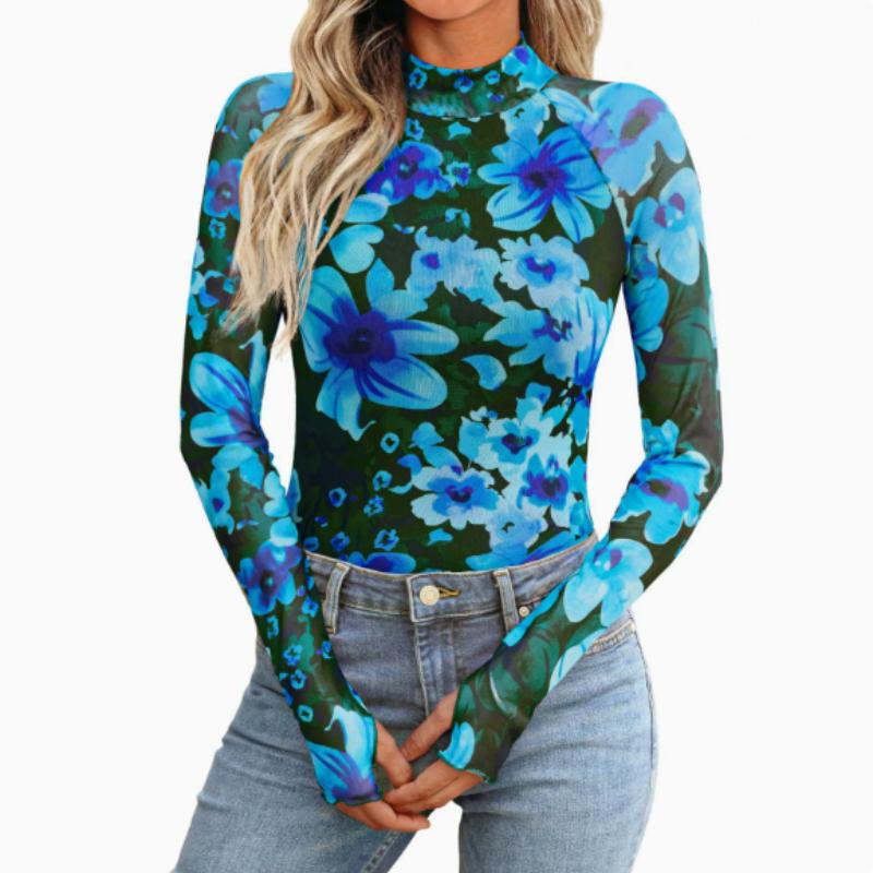 Leopardenmuster Mock-Neck T-Shirt, Essentielles Langarm Slim Top für Frühling & Herbst, Damenbekleidung