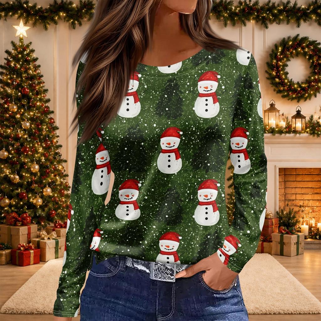 Women's Christmas Print Long Sleeve Top with Round Neck and Side Slit