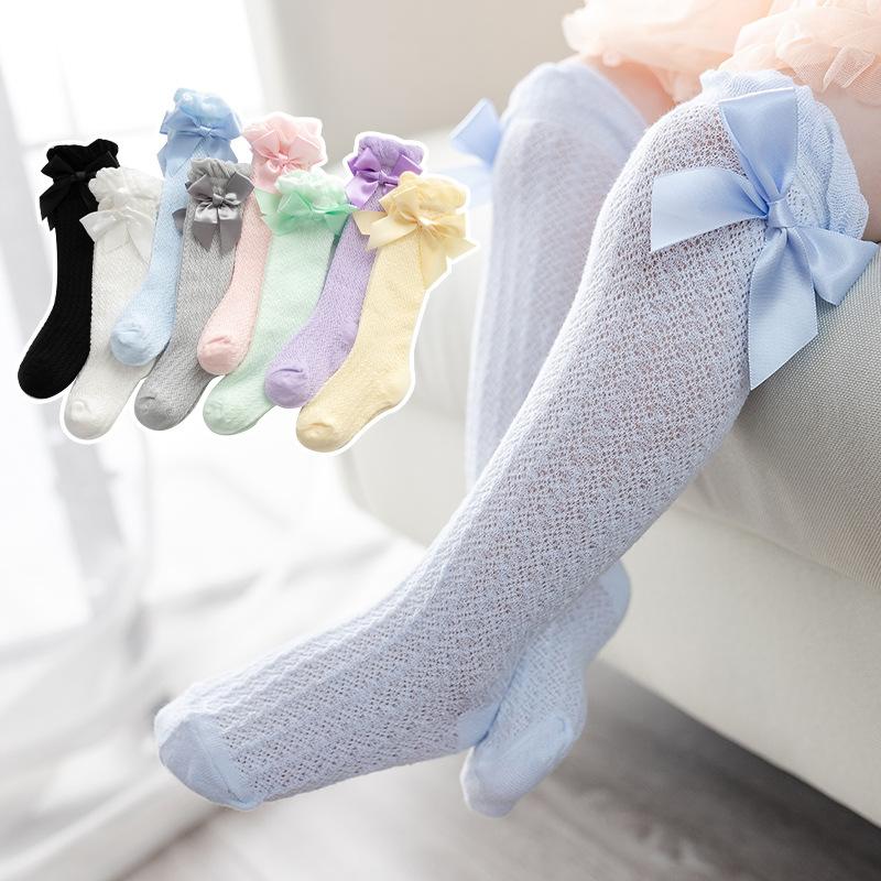 Newborn Baby Girls Socks for Kids Toddlers Girls Big Bow Knot Knee High Long Soft Cotton Summer Children Mesh Socks