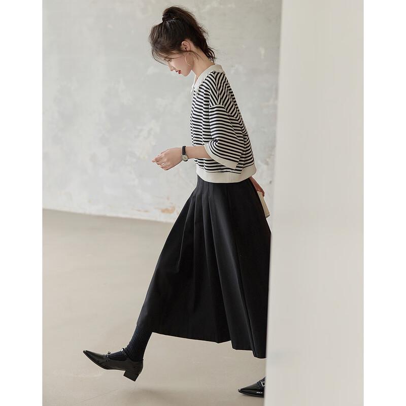 Demana Japanese Collegiate Striped Doll Collar 3/4 Sleeve Sweatshirt