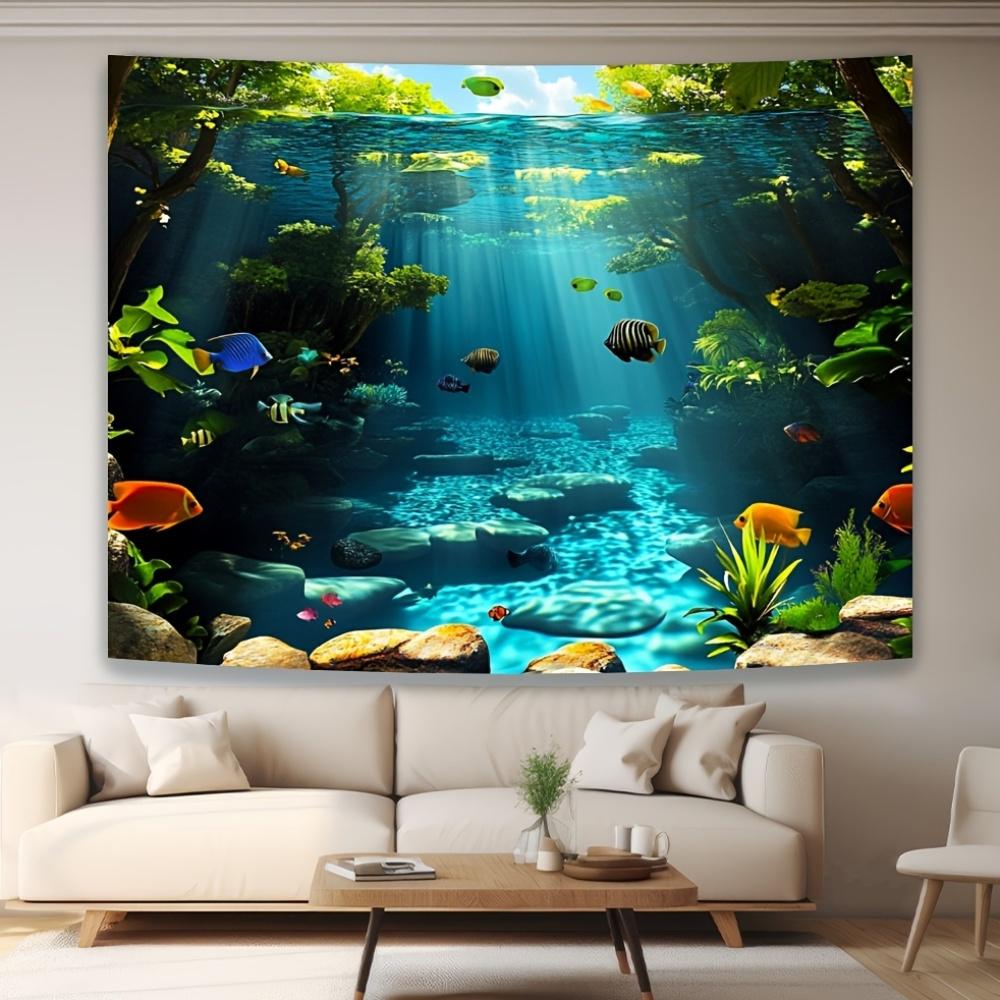 Textilien Unisex Blue Underwater Ocean Tapestry, 3D Print With Tropical Fish, Sunlit Water & Vibrant Aquatic Plants, Wall Hanging For Bedroom
