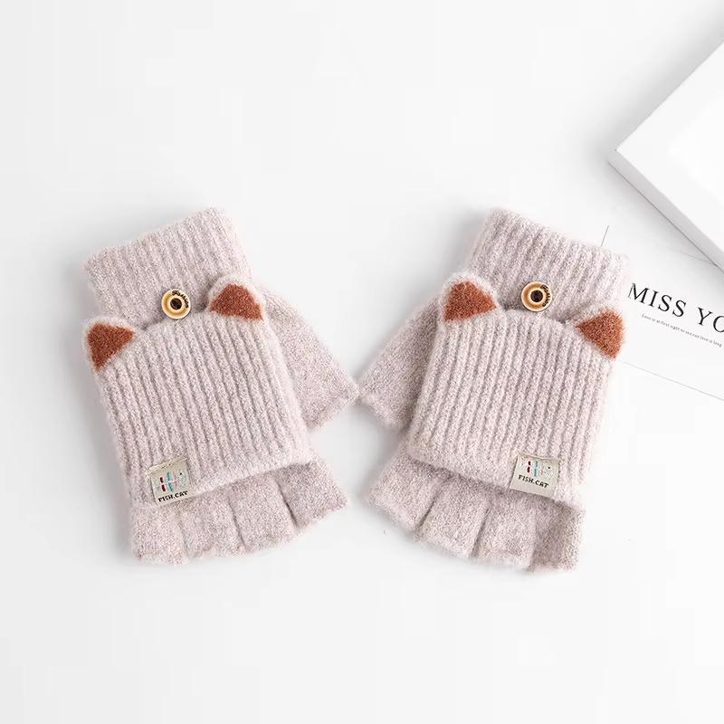 Winter Women Knitted Gloves Thick Woolen Female Mittens Cute Flip Fingerless Exposed Finger Girl Gloves For Cycling Hand Warmer