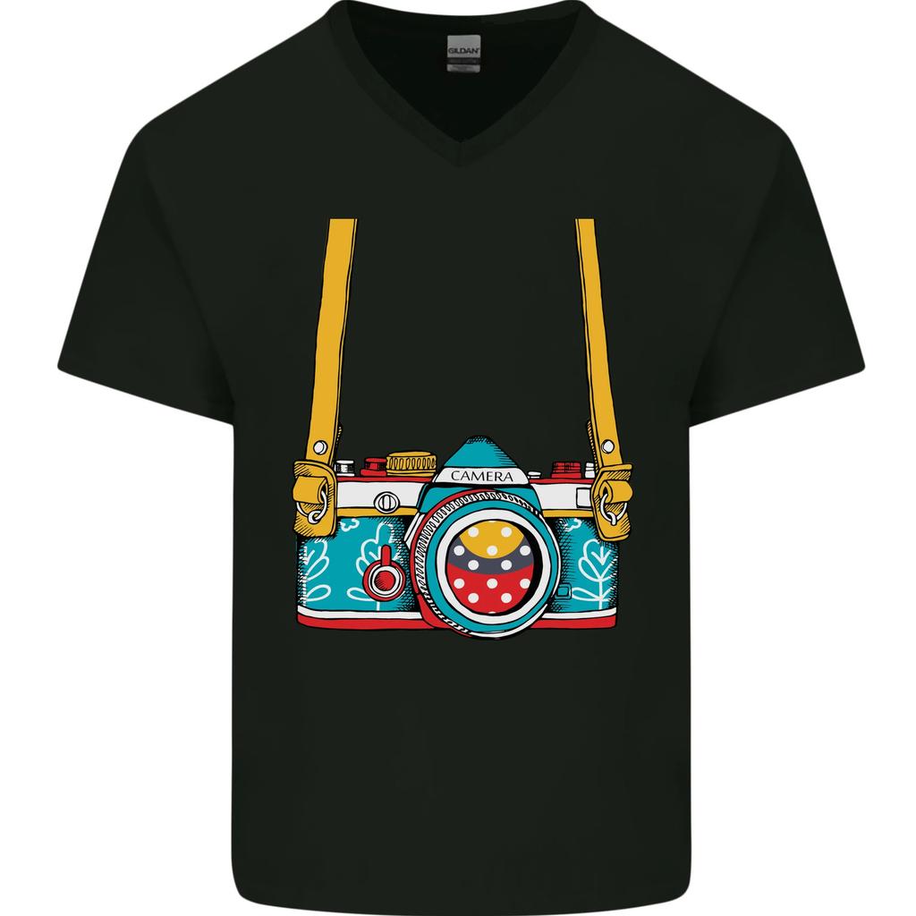 Photography Camera Around Neck Mens V-Neck Cotton T-Shirt