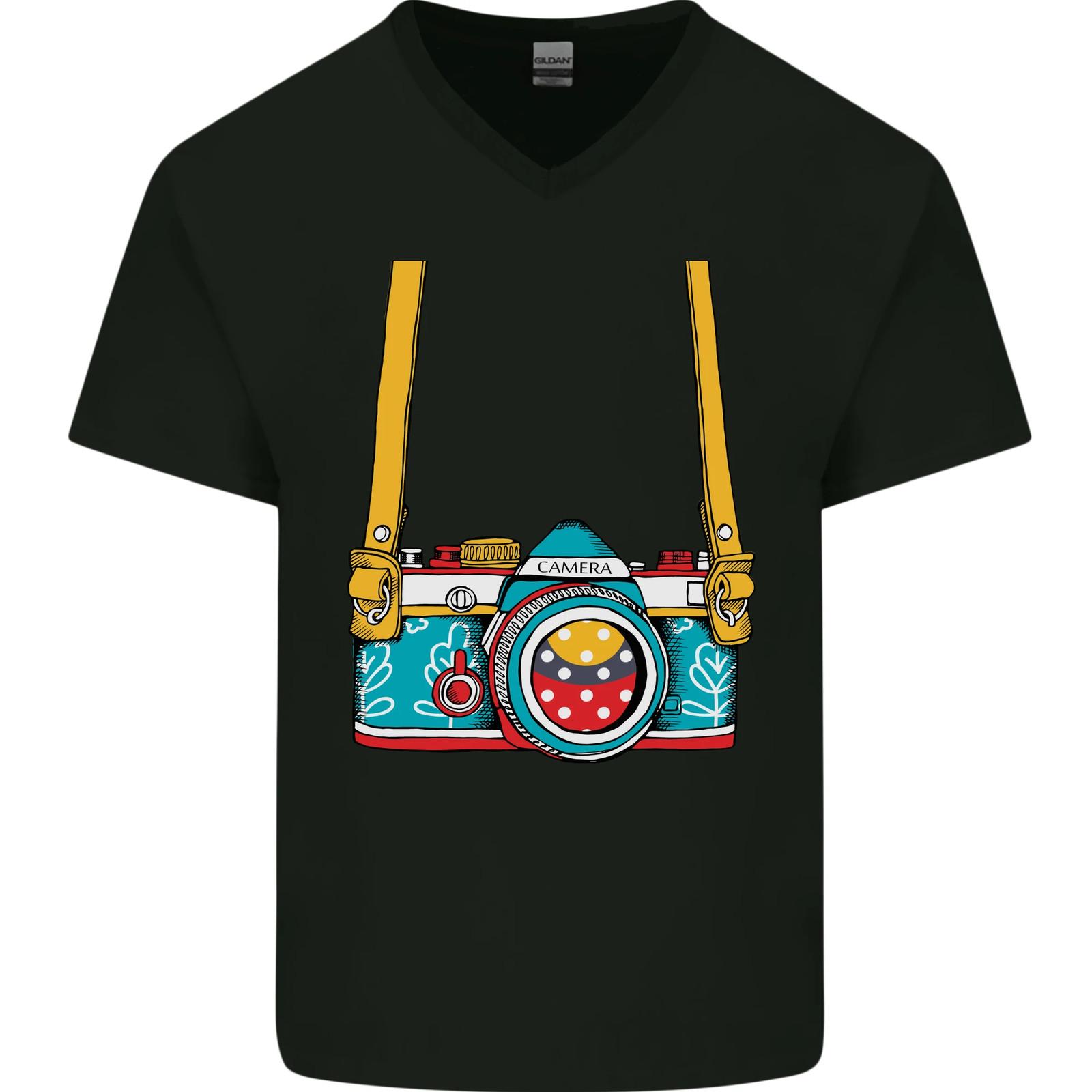 Photography Camera Around Neck Mens V-Neck Cotton T-Shirt S