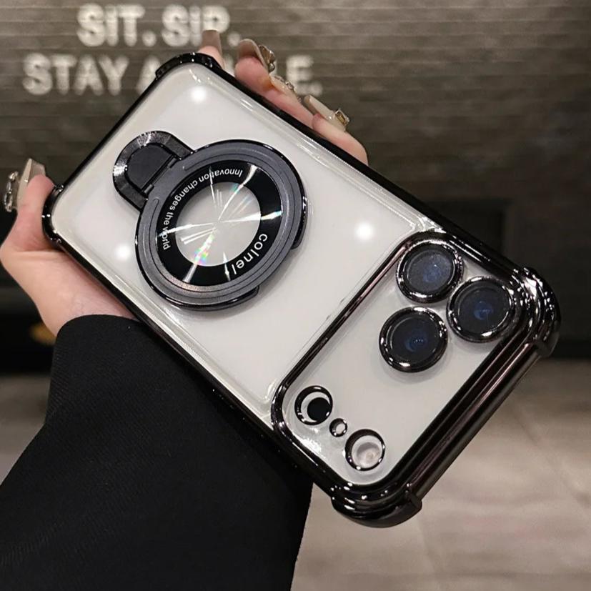 Luxusní pozlacený stojánek Magnetické pouzdro Pro iPhone 17 Air 16 15 14 13 12 11 Pro Max Fólie na objektiv Průhledný držák Průhledný zadní kryt