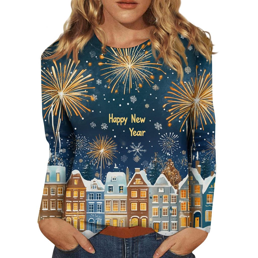Women's Casual Fashion Sexy Comfortable Christmas Printed Round Neck Long Sleeve Top