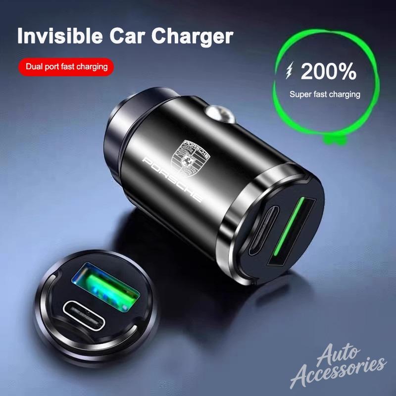 100W Mini Car Charger Lighter Fast Charging USB Type-C Dual Port Invisible For Porsche Panamera Macan Boxster Cayman 911 sticker VT6