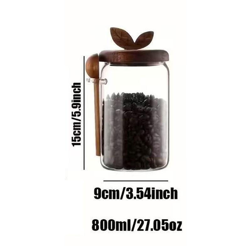 Home Kitchen Transparent Glass Sealed Jar With Spoon Leaf Wooden Lid Coffee Bean Moisture Proof Spice Storage Container