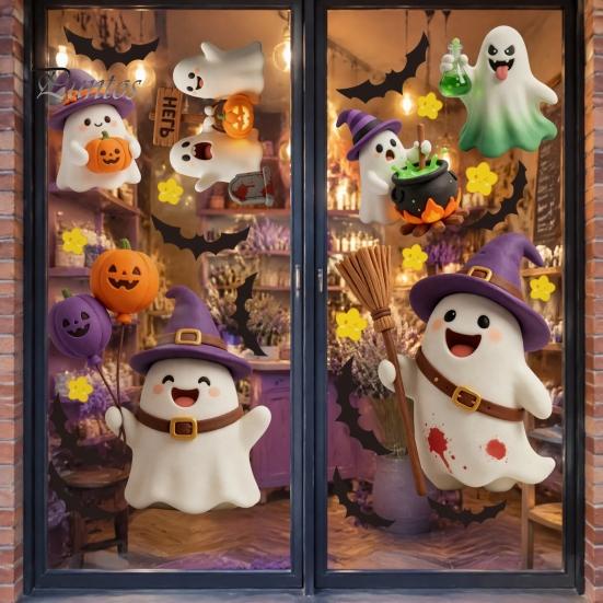 Shop Window Displays 2Pcs Cute Ghost Halloween Static Stickers, PVC Waterproof Cartoon Pumpkin Bat And Holiday Party Supplies Star Glass Decals,