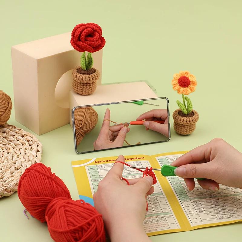 3/6pcs Crochet Potted Flower Kit for Beginners with Video Tutorial Cotton Knitting Yarn Thread Needles Hooks Knit Tool Set