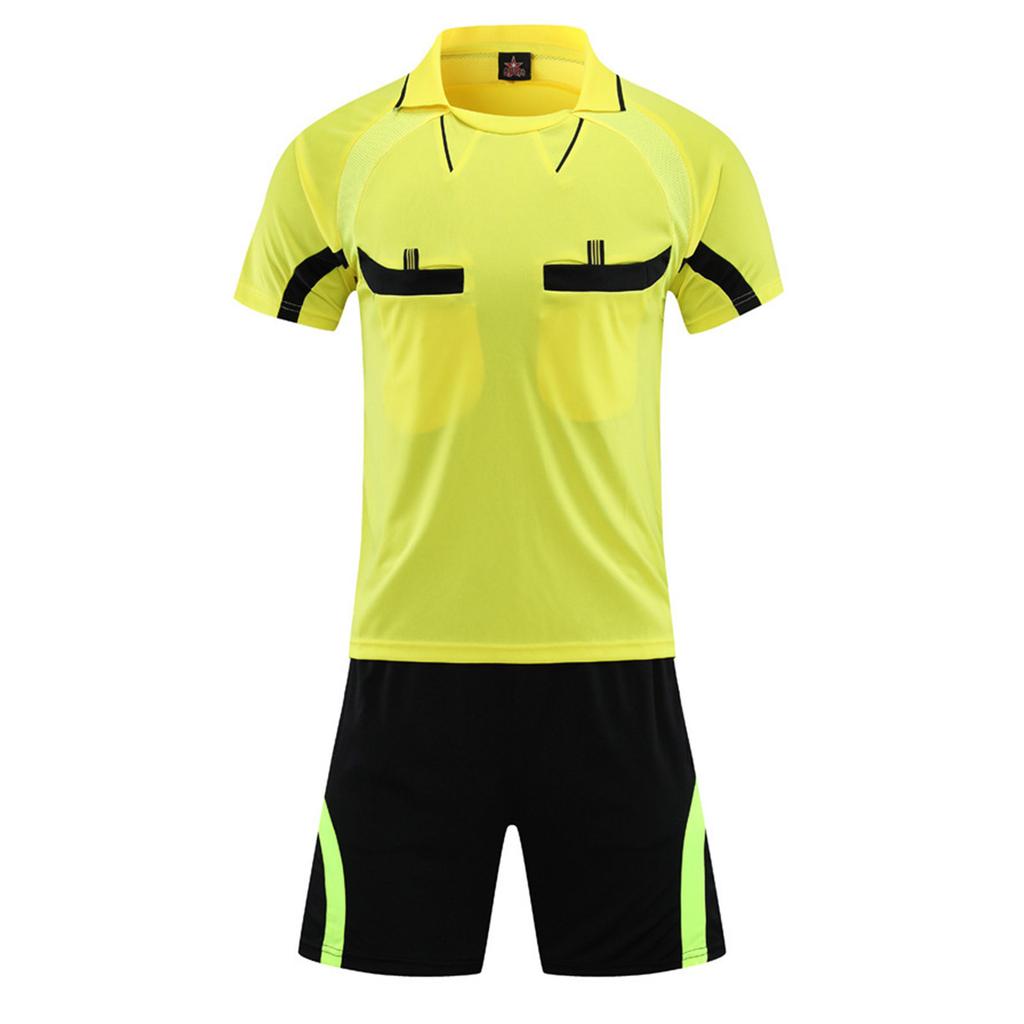 Herren Schiedsrichter Trainingsanzug Kontrastfarbe Umlegekragen Kurzarm Tasche T-Shirt Elastischer Bund Shorts Fußball Uniform